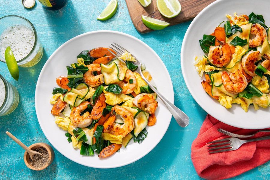 Thai pad see ew with “zoodles” and broccoli leaves