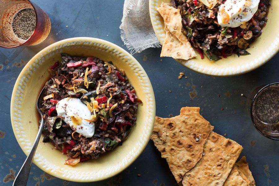 Mujadara with chard and crisp garlic flatbread