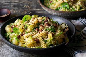 Brussels sprout carbonara with fresh fusilli and hazelnuts