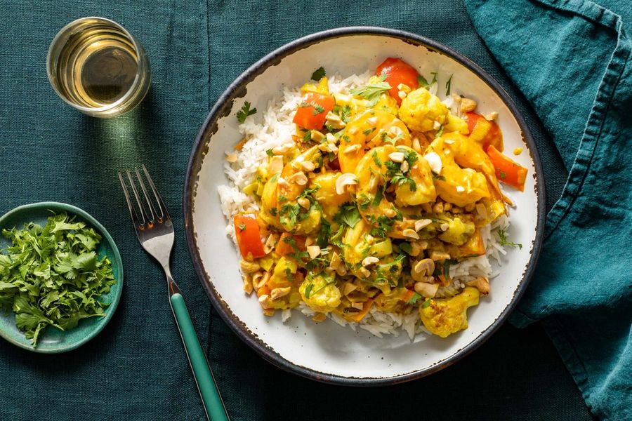 Coconut curry with jumbo shrimp and cauliflower over basmati rice