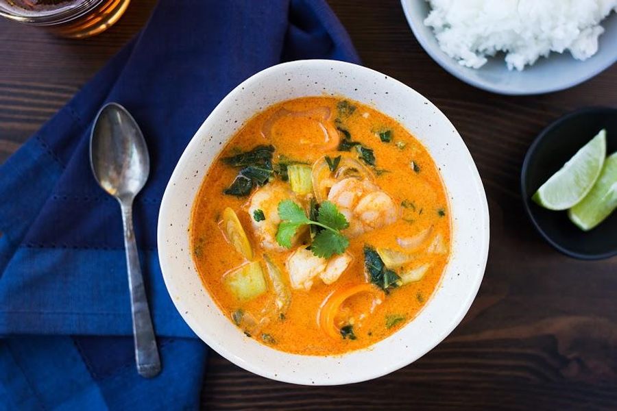 Red curry shrimp with bok choy, kaffir lime and sweet mini peppers