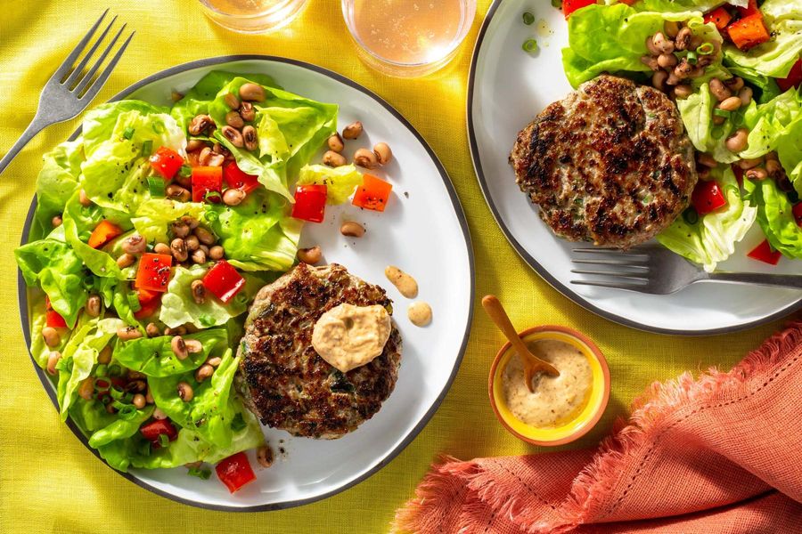 No-bun burgers with black-eyed pea salad