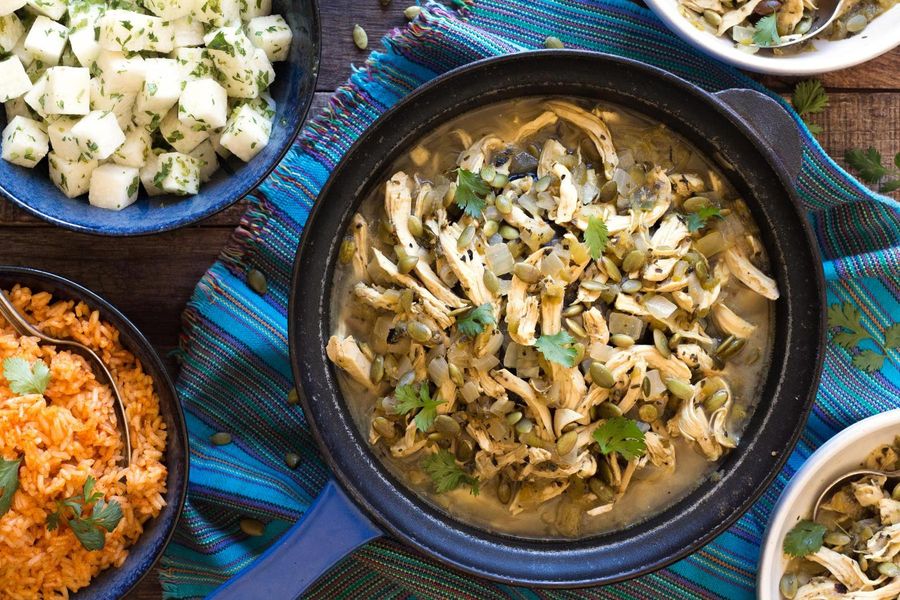 Chicken chile verde with jicama relish and paprika rice