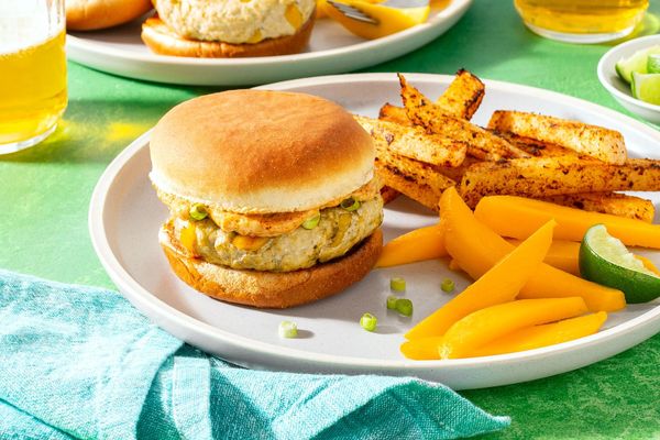 Southwestern pork burgers with mango, chipotle mayo, and jicama fries