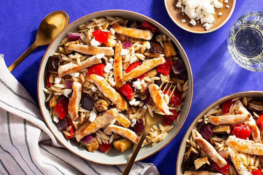 Lemony orzo with chicken, roasted eggplant, and bell pepper