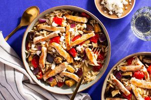 Lemony orzo with chicken, roasted eggplant, and bell pepper