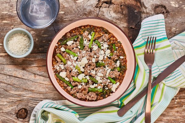Farro risotto with Turkey, kale, and feta