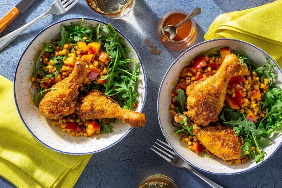 Cornmeal-crusted chicken with hot honey and warm nectarine-corn salad