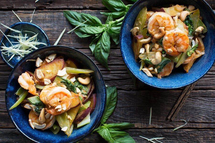 Curried shrimp and Japanese sweet potato stir-fry