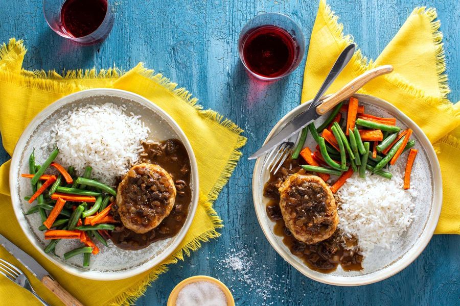 Salisbury-style turkey patties with porcini gravy and roasted vegetables