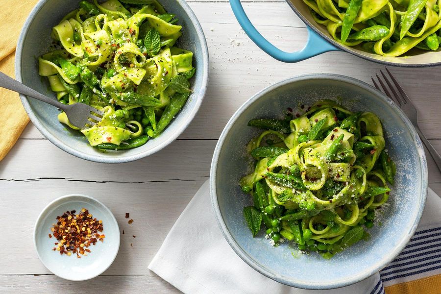 Fresh pappardelle verde with sweet pea pistou and sugar snap peas