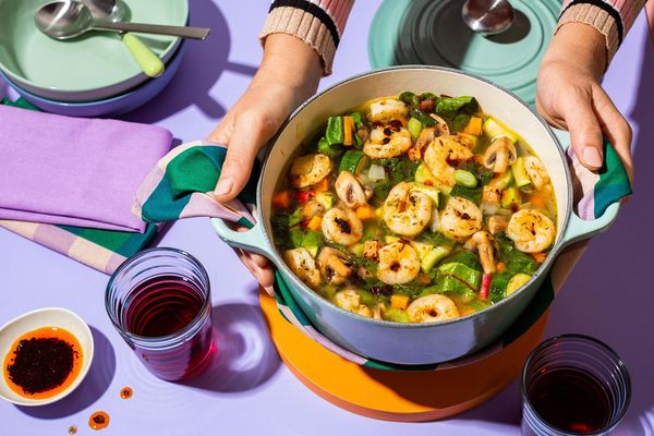 Hearty turkey soup with zucchini, rainbow chard, and Urfa chile oil