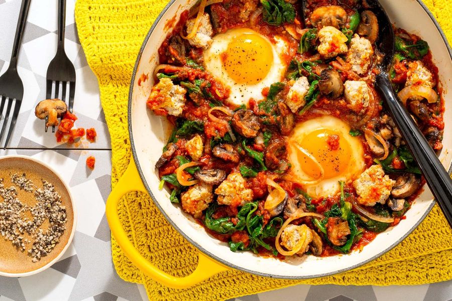 Eggs in purgatory with spicy mushrooms and kale