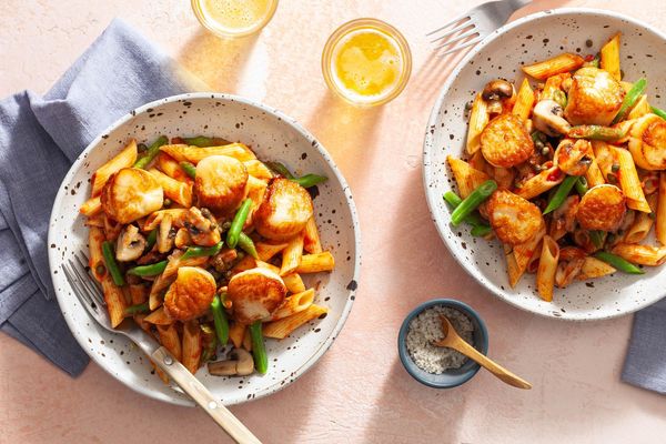 Spicy shrimp penne arrabbiata with mushrooms and green beans