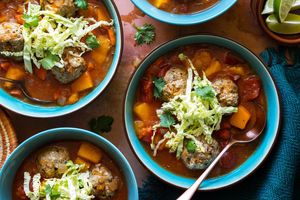 Mexican albóndigas soup with butternut squash and cilantro