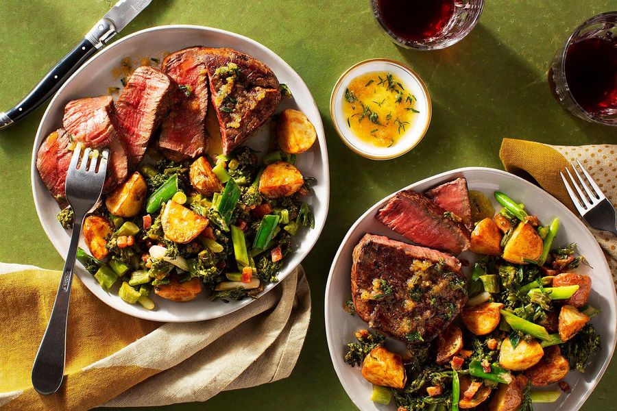 Black Angus steaks with garlic butter and broccoli-pancetta salad