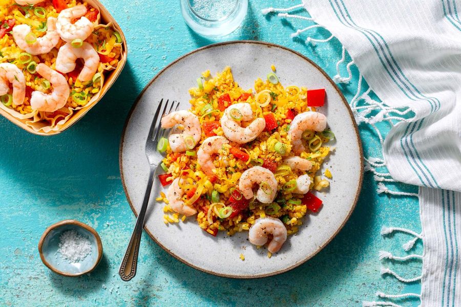 Shrimp paella with fire-roasted tomatoes and bell pepper