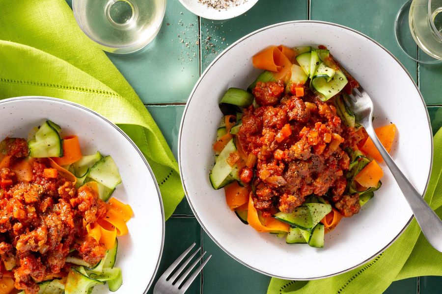 Bolognese over zucchini and carrot ribbons