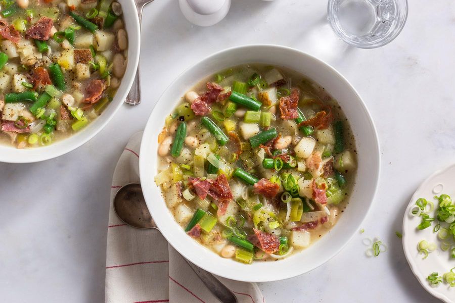 Chunky potato-leek soup with white beans and prosciutto