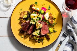 Black Angus steaks with balsamic-glazed radishes and Brussels sprouts