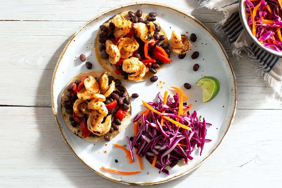 Havana shrimp mojo tostadas with cabbage slaw