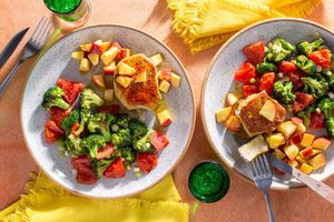 Curried pork chops with roasted broccoli and apple-ginger compote