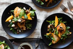 Chicken paillards with warm nectarine-arugula salad and ricotta salata