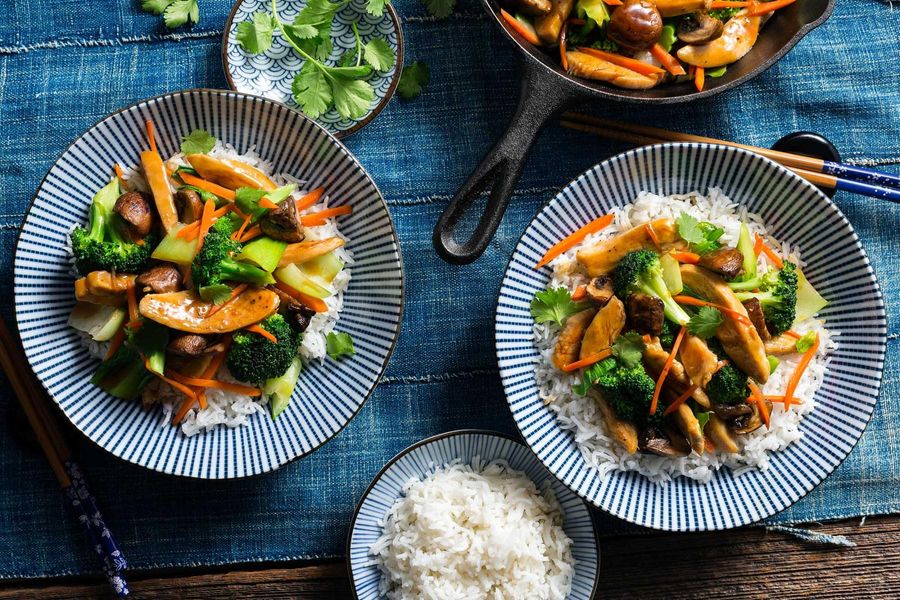 Chicken teriyaki with stir-fried vegetables and basmati rice