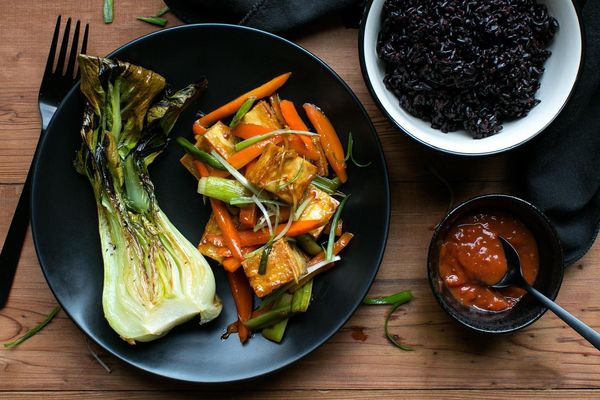 Honey-ginger tofu with roasted bok choy and forbidden rice