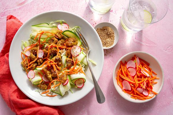 Vietnamese beef salad with zucchini ribbons and pickled vegetables