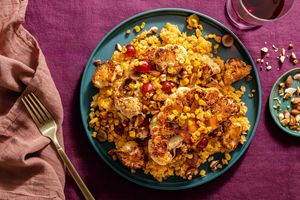 Sweet and smoky cauliflower “steaks” with miso lentils and corn salad