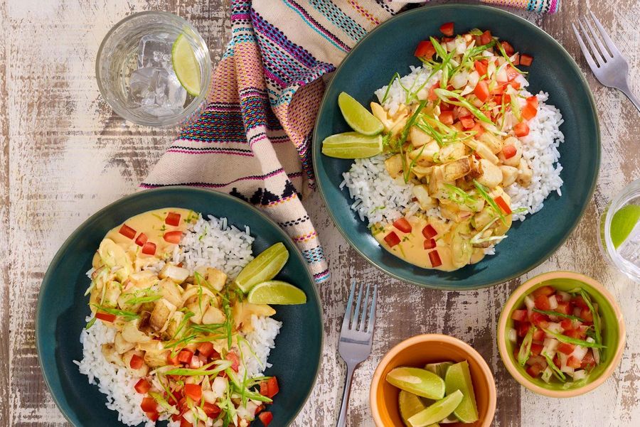Brazilian-style tilapia and tomato salsa over steamed rice