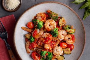 Shrimp arrabbiata with penne, broccoli, and zucchini