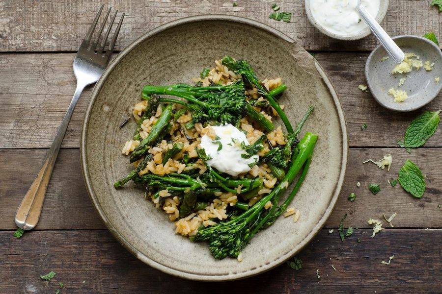 Asparagus and broccolini wild rice with lemon yogurt