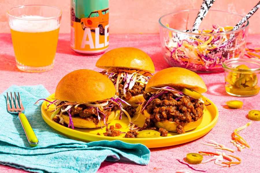 Sloppy joes with pickled jalapeños and tangy coleslaw