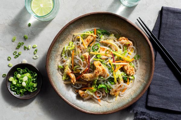 Korean glass noodle japchae with cabbage and carrots