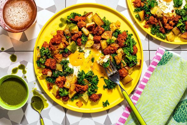 Turkey hash with kale, eggs, and spicy green harissa