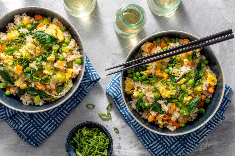 Japanese chahan fried rice with eggs, peas, and spinach