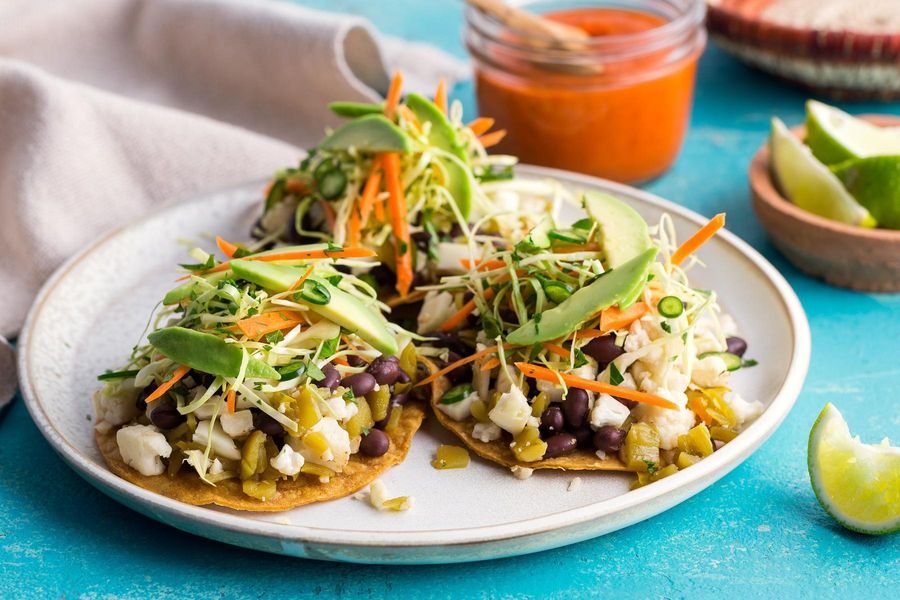 Black bean and cauliflower tostadas diablo with tangy cabbage slaw