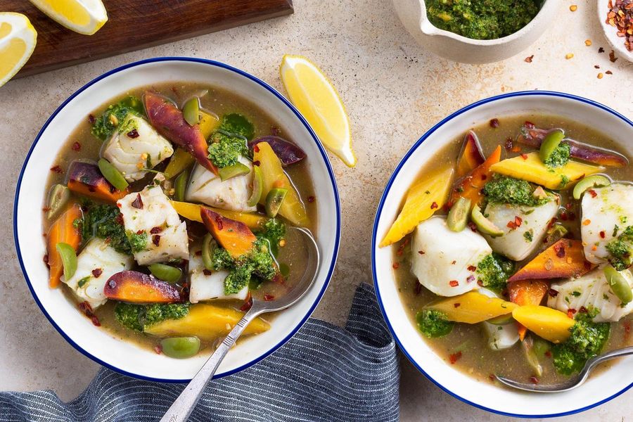 Poached cod with salsa verde