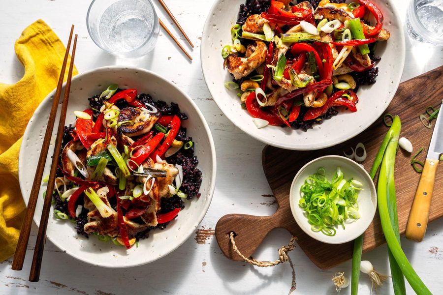 Gong Bao–style stir-fry with cashews and black rice