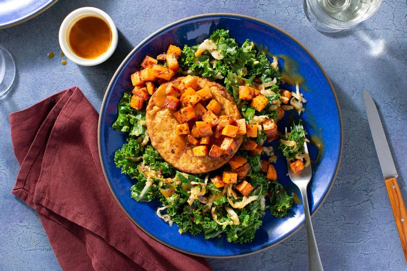 Tofu Burgers With Togarashi Sweet Potato Over Kale-Daikon Salad | Sunbasket