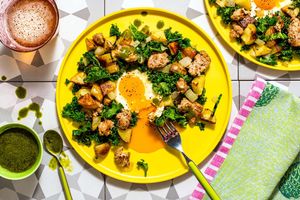 Turkey hash with kale, eggs, and spicy green harissa
