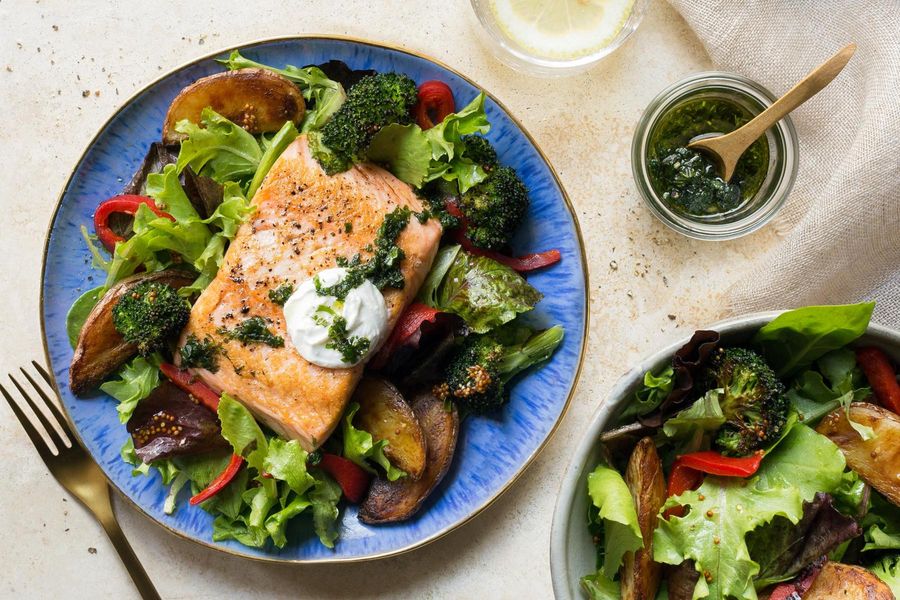 Salmon with roasted new potatoes and charred broccoli image