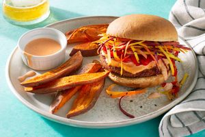 Bali tofu burgers with sambal mayo and sweet potato fries