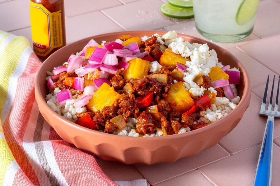 Burrito bowl al pastor with plant-based Impossible™ Beef