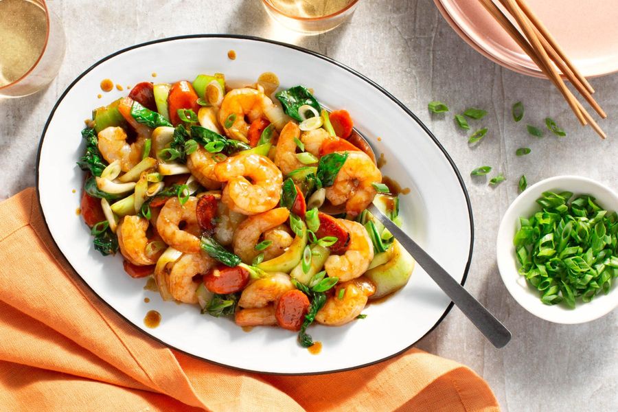 Shrimp stir-fry with bok choy, carrots, and umami glaze