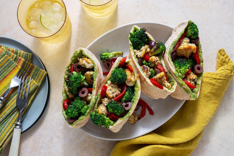 Mediterranean-style tempeh pitas with spinach-artichoke spread