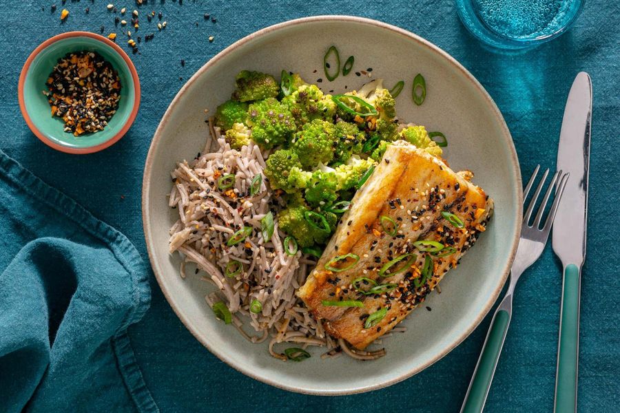 Roasted barramundi and romanesco over lemon-tahini soba noodles