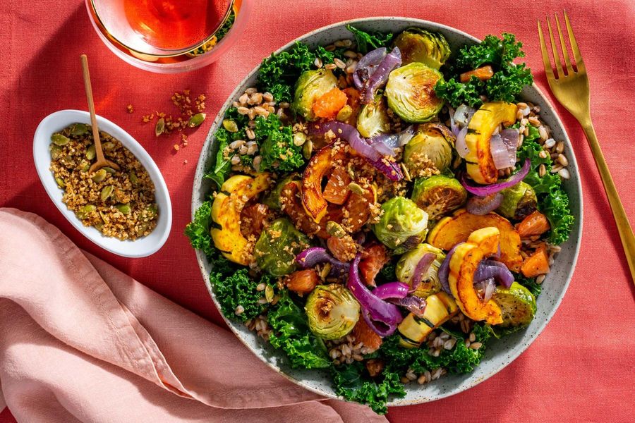 Warm farro salad with roasted squash and Brussels sprouts